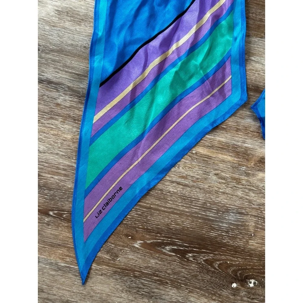 Vtg Liz Claiborne Silk Scarf Long Tapered Ends Blue Stripes 1980s